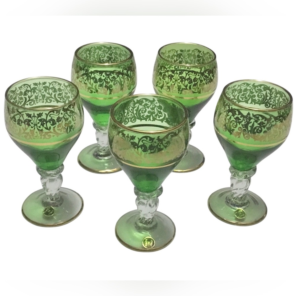 Vintage Italian 🇮🇹 Handblown Green Gold Gilt Glasses
